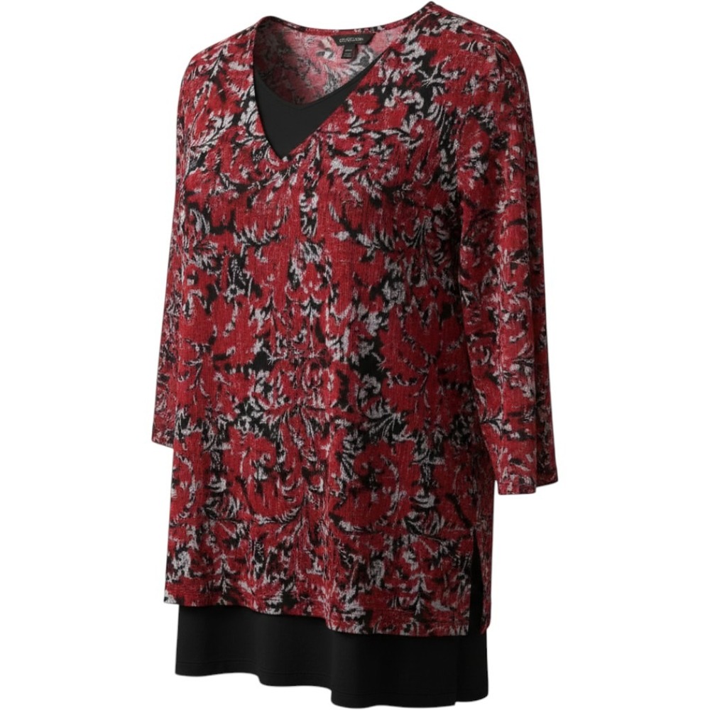 Catherines 3X Red Black Abstract Floral Layered V-Neck 3/4 Sleeve Tunic Top